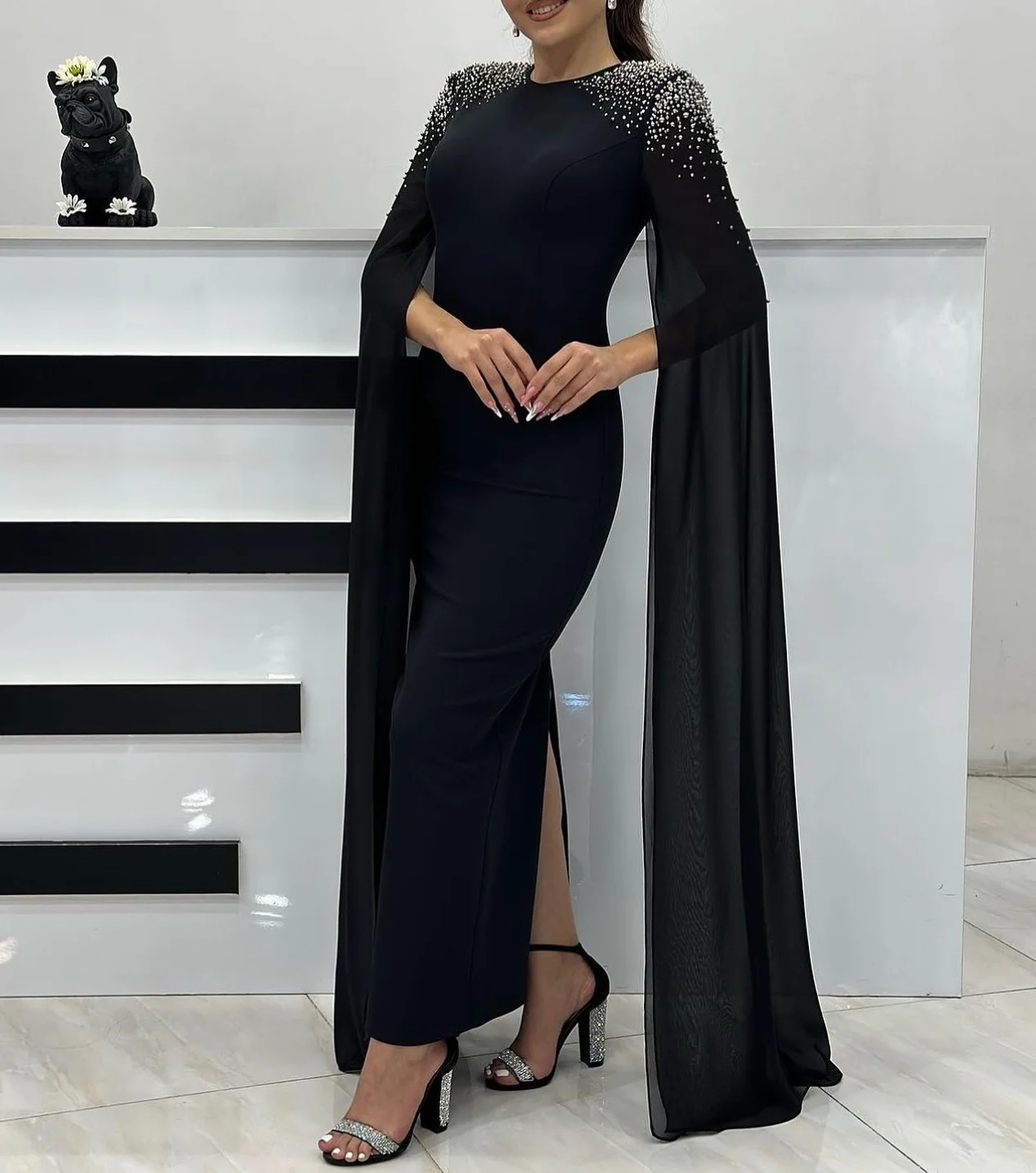 

Welove O Neck Prom Dress Cape Long Sleeves Evening Gowns Beaded Mermaid with Back Slit Robes De Bal Vestidos New 2024