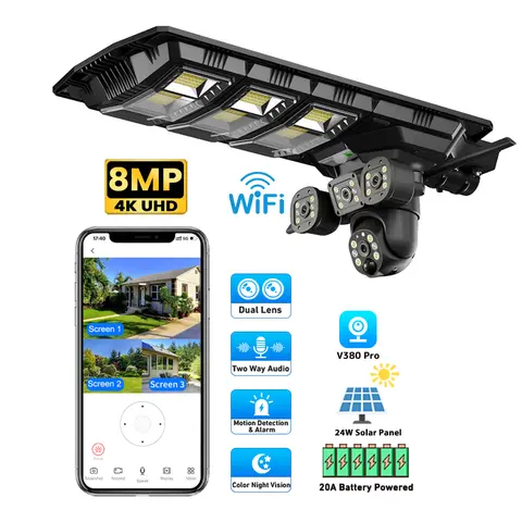 HongGlobal 8MP 태양 광 발전 무선 감시 IP PTZ 카메라 V380 Pro 야외 태양 광 가로등 WiFi 보안 CCTV 카메라 Best5