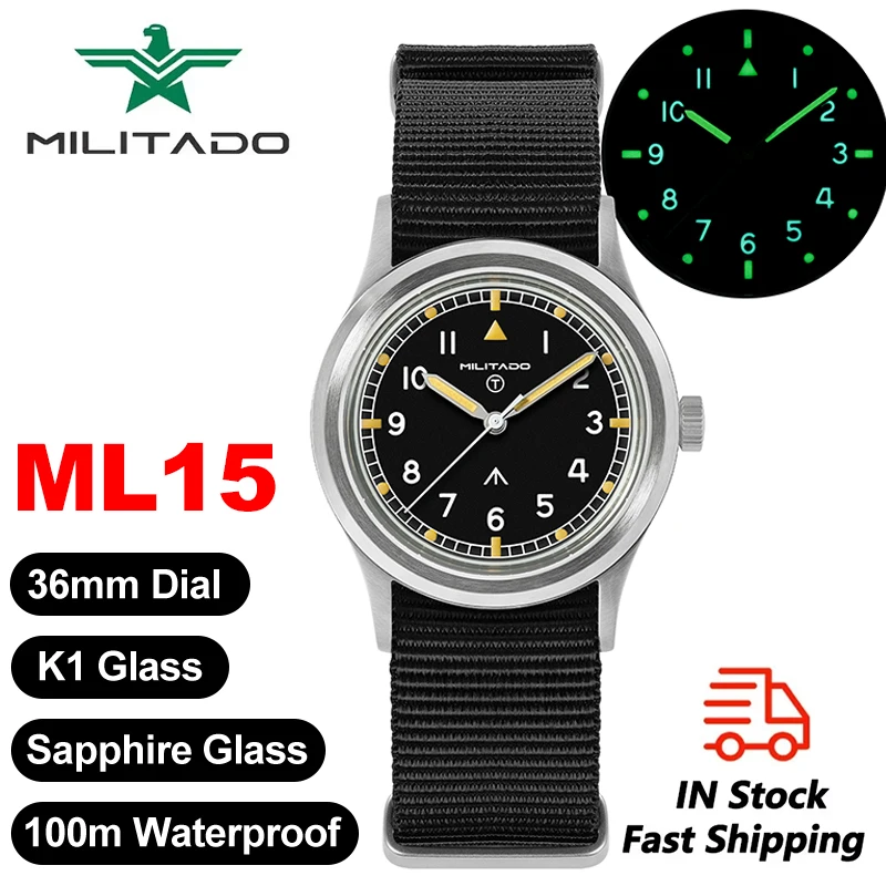 

Militado ML15 Quartz Watch VH65 Sweep Quartz Movement Sapphire Crystal Vintage Watch 100m Waterproof Luminous Watch for Men