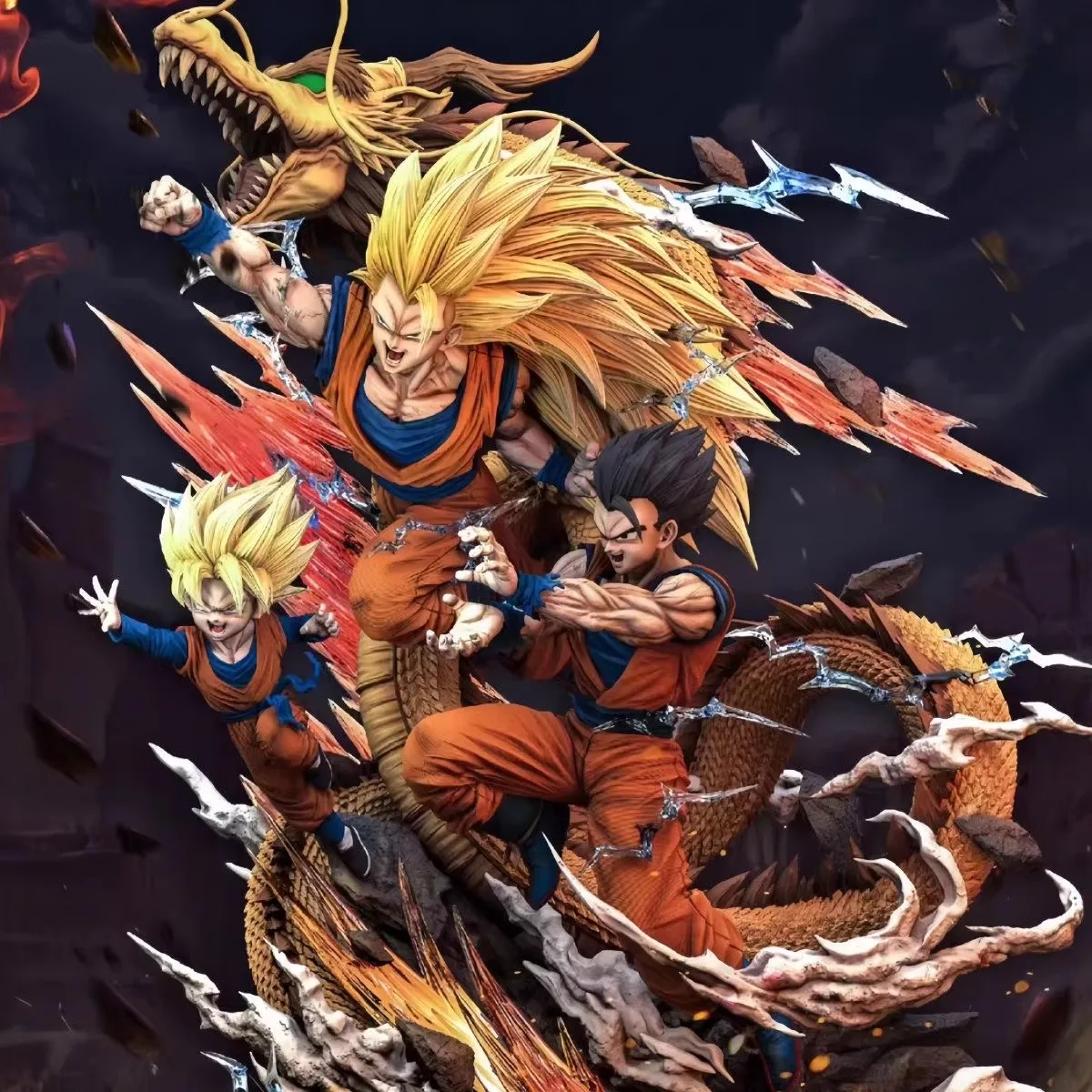 

Фигурки из аниме Dragon Ball, 27 см: Гоку, Гохан, Супер Сайян 3, Шенрон. Модель-статуэтка «Отец и сын» (три персонажа). Игрушки, подарки на день рождения.