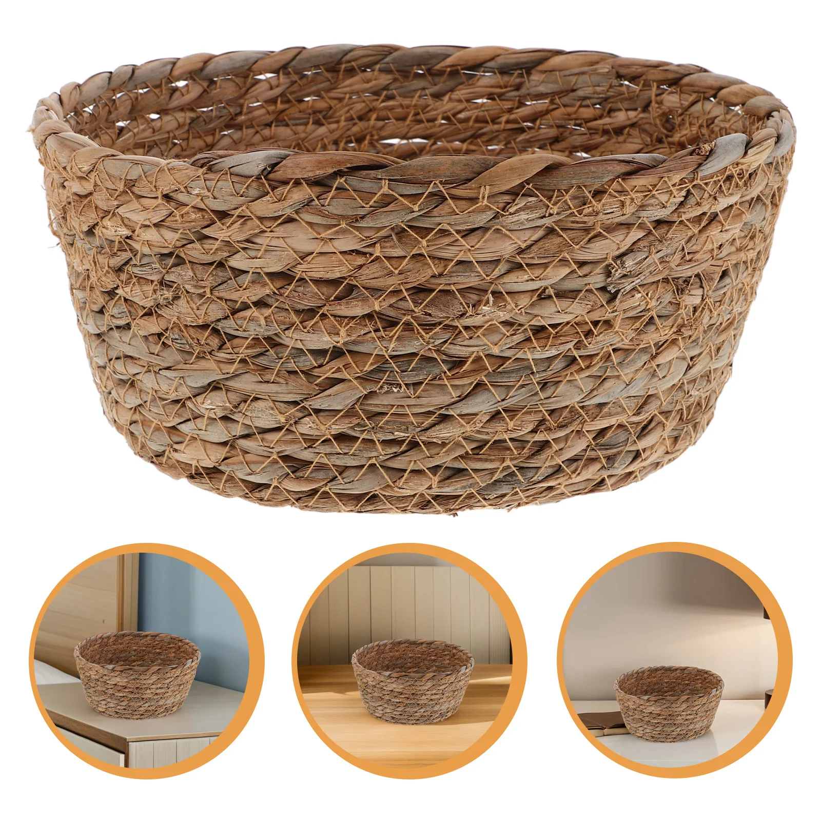 

Straw Storage Basket Rattan Desktop Weave Small Round Cattail Grass Organizer Woven