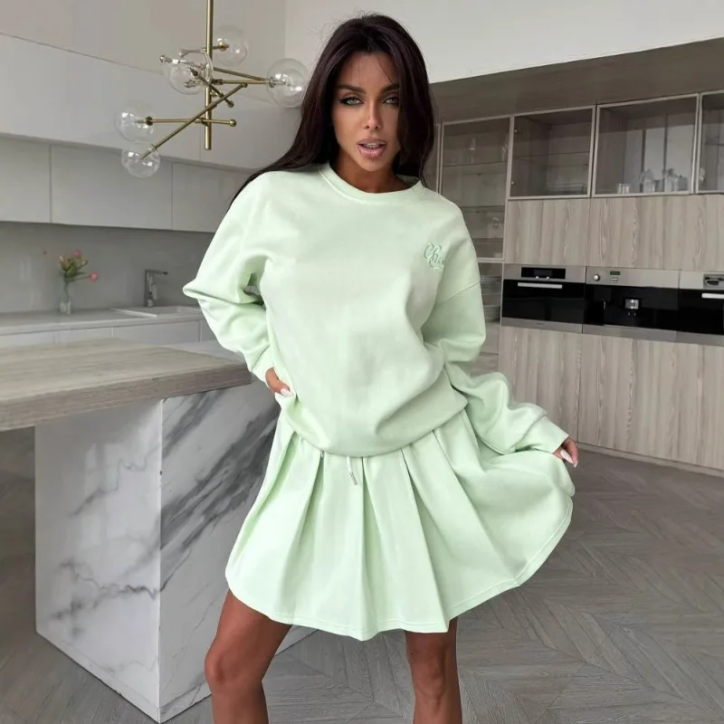 

European American Solid-color Long-sleeved Casual Set Sporty Style Versatile Embroidered Pullover Hoodie Pleated Short Skirt