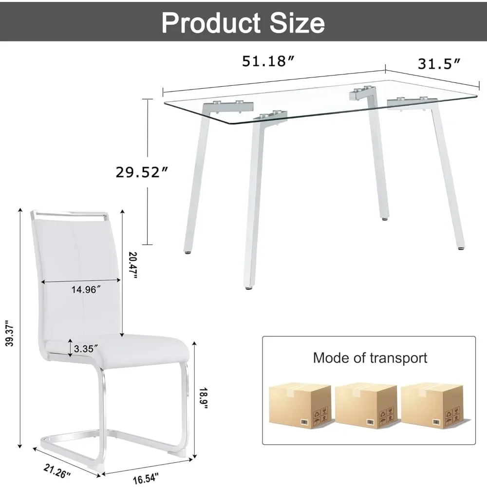 Glass Dining Table Set for 4,Rectangle Dinner Table with 4 White Leather Kitchen Chairs, Kitchen Room Dining Set