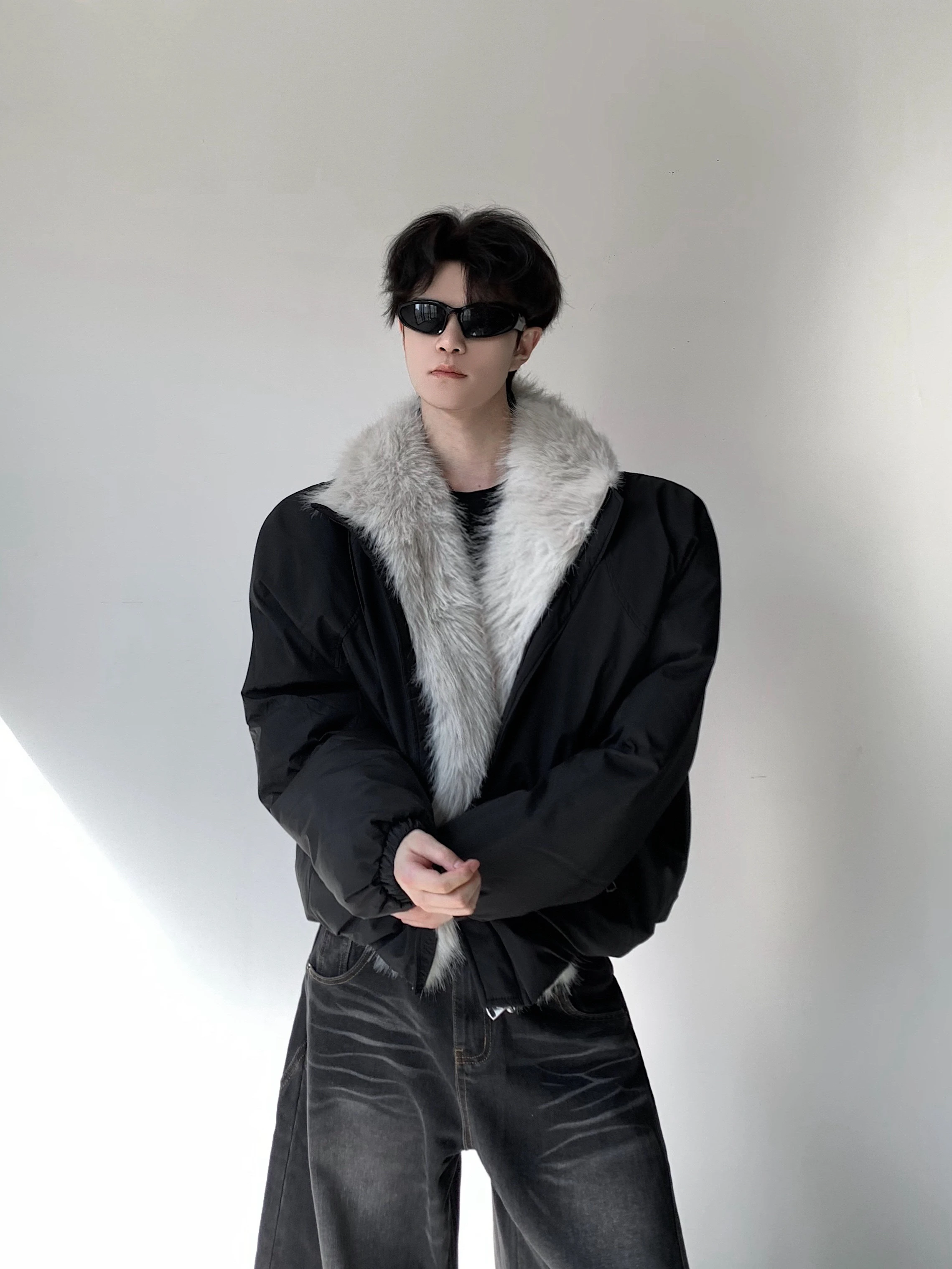 2025 Men's Winter New Jacket Parkas Trendy American Style Retro Faux Fur Collar Padded Coats Male Long Sleeve Solid Color Parkas