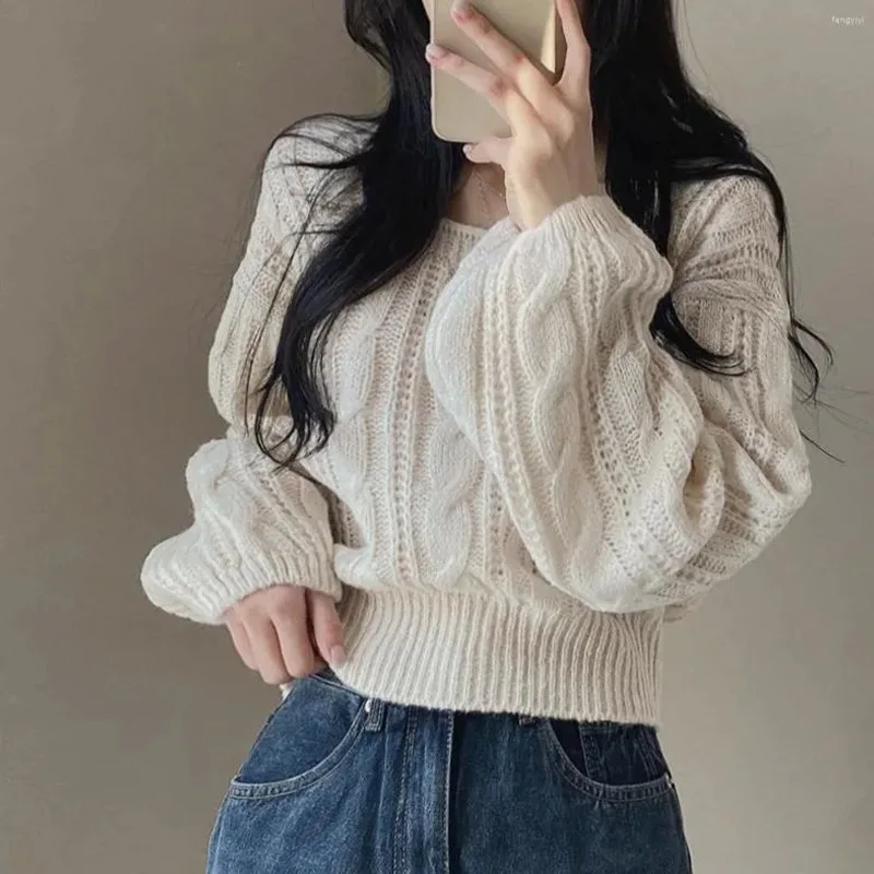 Casual Skinny Twists Knit Pullover Sweater Autumn Winter Women's Tops Square Neck Long Sleeve Solid Short Pullovers Korean Woman