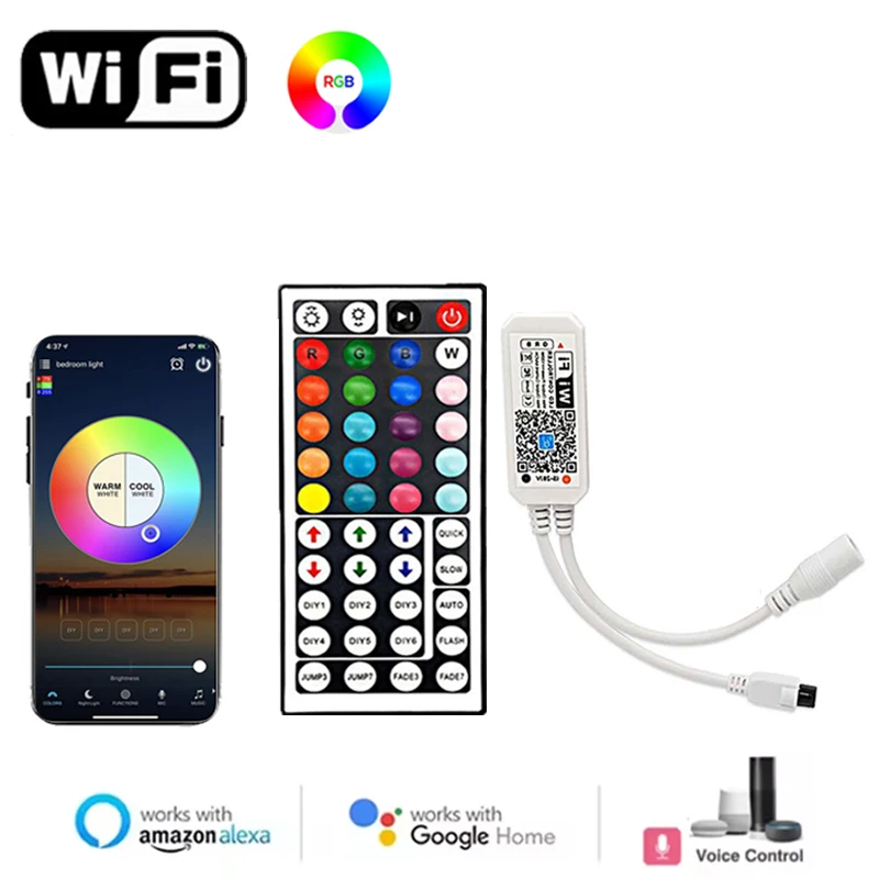 

Контроллер Wi-Fi RGB, 4 контакта, 5-28 В постоянного тока, контроллер светодиодных фонарей RGB, умный пульт дистанционного управления, 44 клавиши, светодиодный контроллер RGB Magic Home