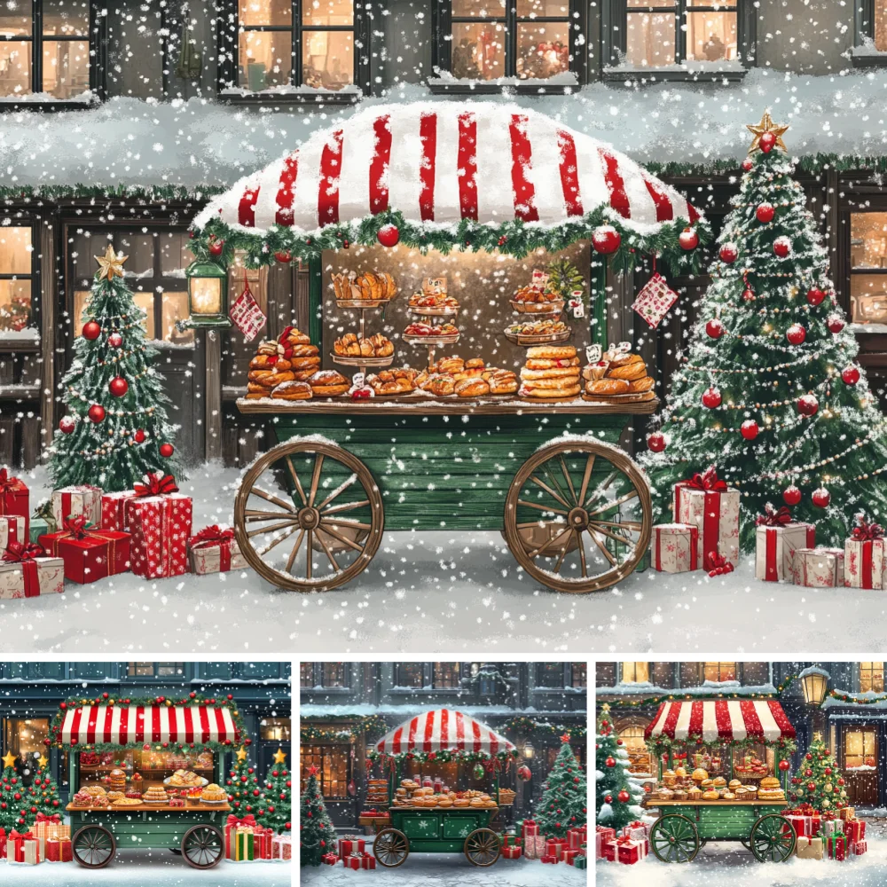 Christmas Bakery Cart Backdrop Red White Striped Awning Pastry Display Pine Tree Red Gift Box Snowy Street Shoot Background