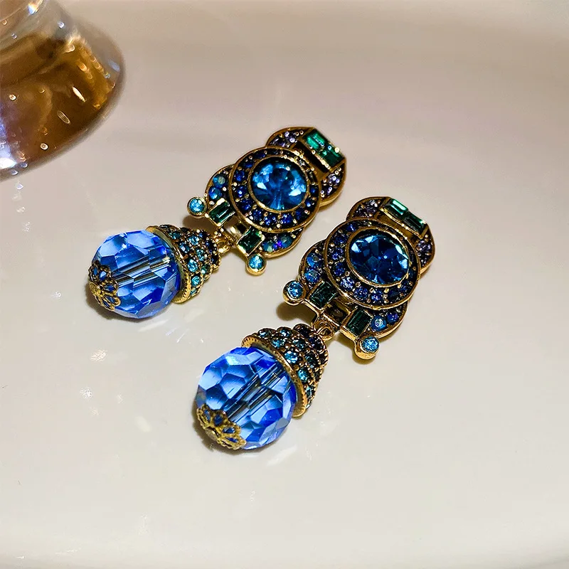 Lifefontier Luxury Palace Blue Rhinestone Big Clip On Earrings For Women Vintage Geometric Crystal Non Pierced Earring Jewelry