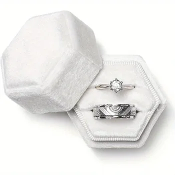 תיבת טבעת פלנל לתכשיטים, תיבת תכשיטים הקסגונלית, תיבת טבעת חתונה עם 2 חריצים, הצעת נישואין