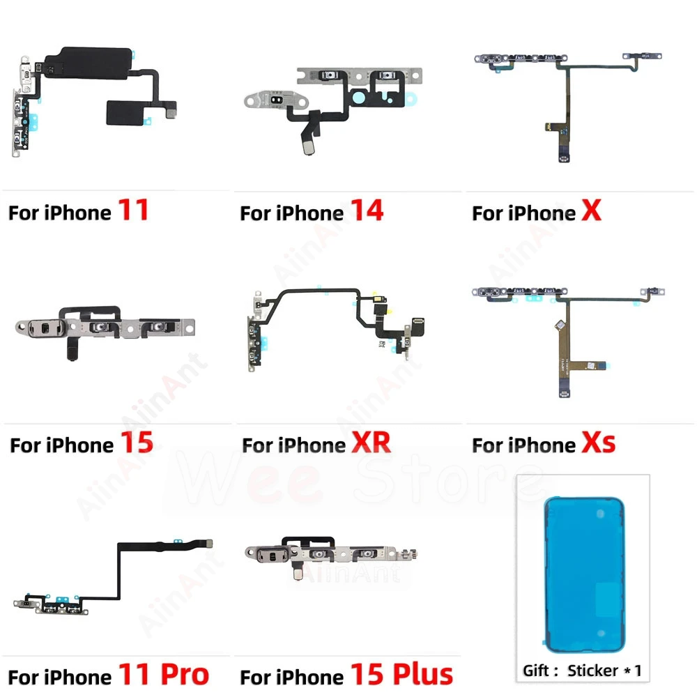 100% AiinAnt Video Sound Up Down Flash Light Power Volume Buttons Flex Cable For iPhone 11 Pro X Xs Max 14 15 Plus With Sticker