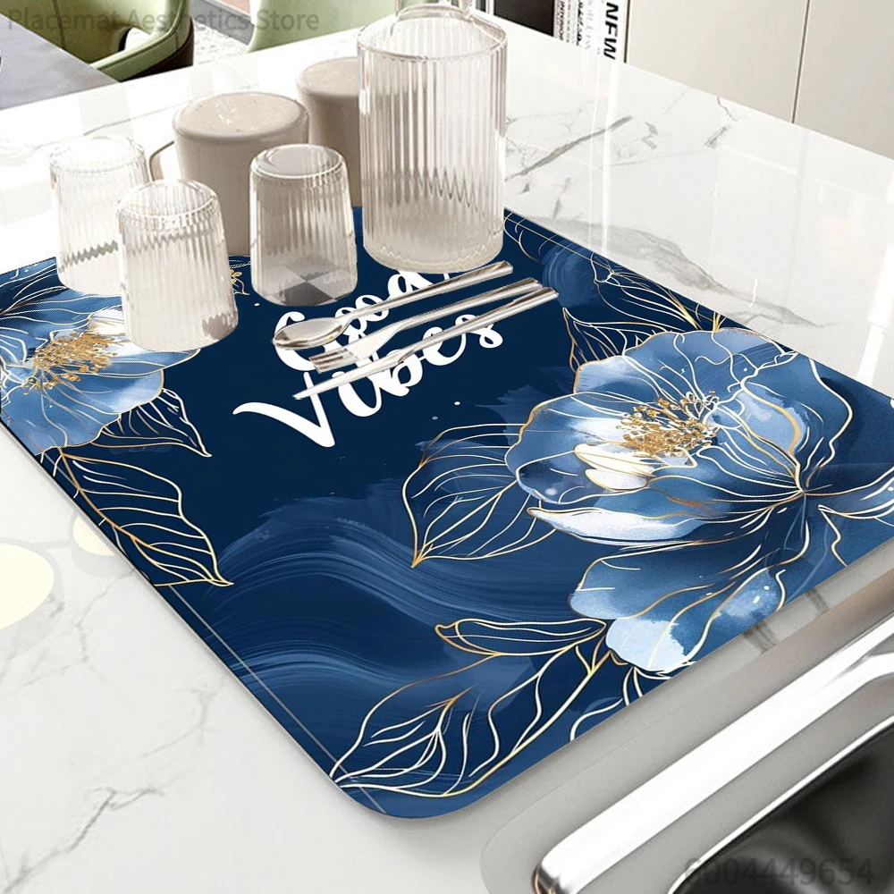 Watercolor flower Super Absorbent Dish Drying Mat for Kitchen Tableware Pad Dish Mat Non-slip Placemat Cushion
