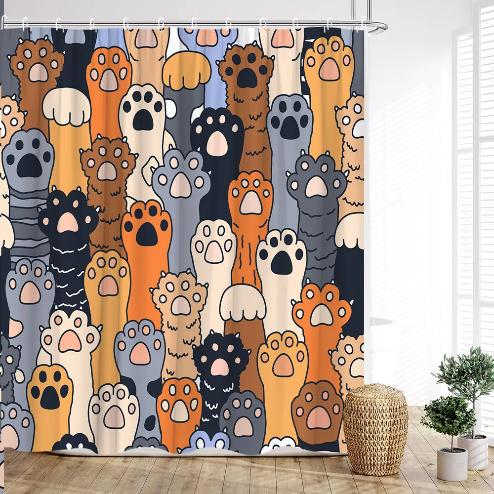 Cortina de ducha de animales de dibujos animados con patas divertidas de gato y perro para niños, decoración de baño familiar con ganchos