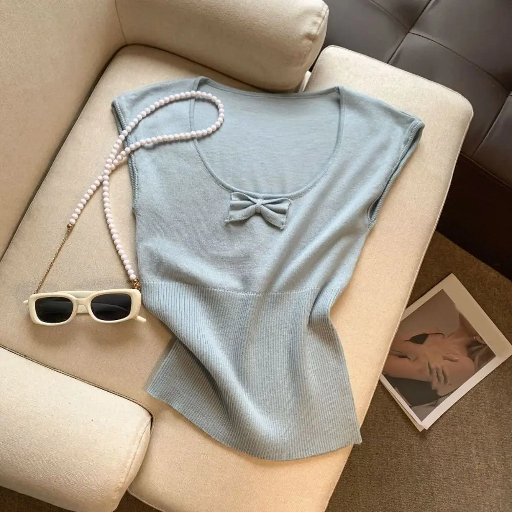 

Корейские укороченные топы Y2K с круглым вырезом, однотонная женская одежда, вязаная футболка с бантом, милая тонкая короткая футболка с короткими рукавами, женская