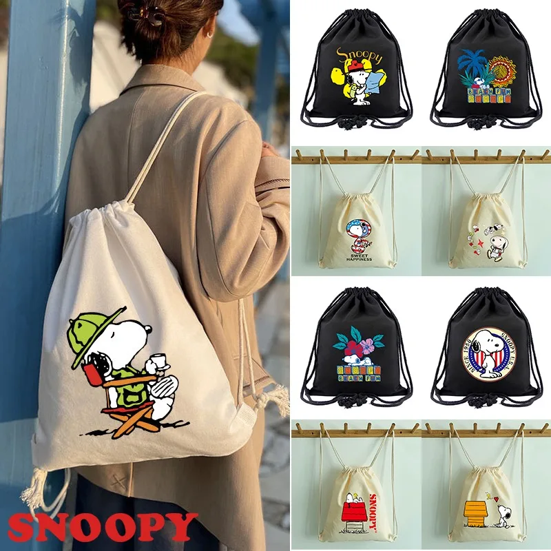 Snoopy plecak ze sznurkiem kreskówka Kawaii kobiety studentek torba do przechowywania dziewczynka słodkie dzieci podróżny przenośny Organizer