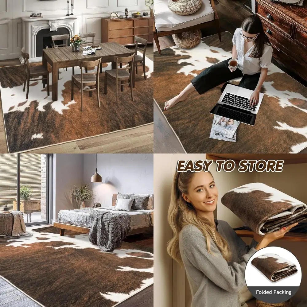 

8x10 Cowhide Print Area Rug for Living & Dining Rooms, Washable, Non-Slip, Low Pile, Western Style Home Decor Carpet