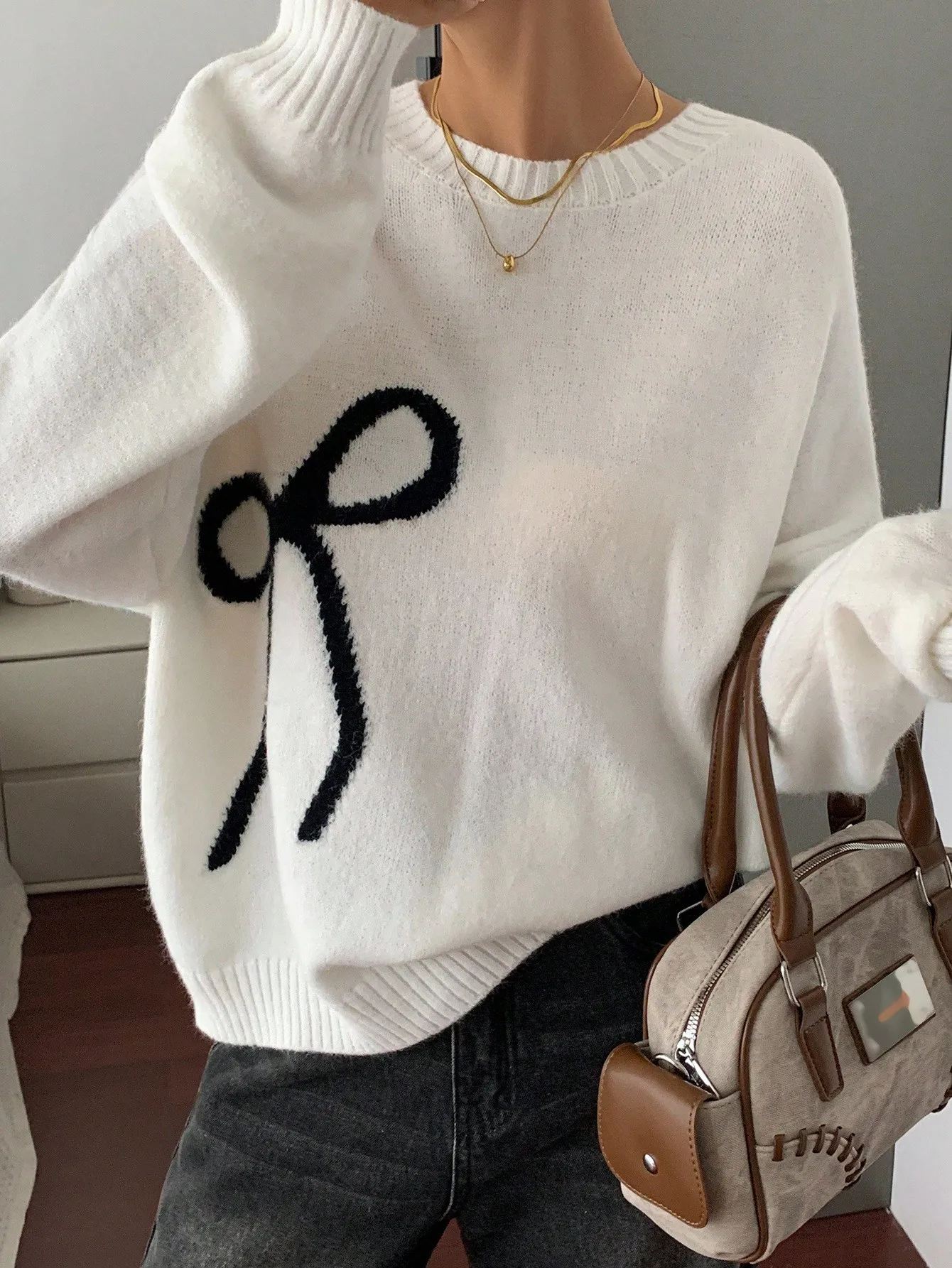 

Кремово-белый вязаный свитер с бантом для женщин, свободный винтажный пуловер, осенне-зимняя мода