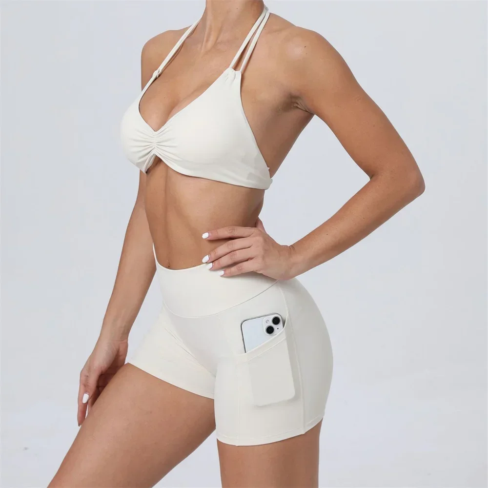 

Шорты для йоги с карманами и высокой талией, женские спортивные шорты с отжиманием для спортзала, брюки с подтяжкой бедер, карманные дышащие спортивные шорты для фитнеса, бега, велоспорта