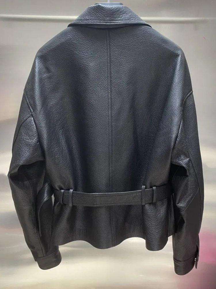 Dolce signora vera pelle maniche lunghe bavero fibbia cinturino tinta unita giacca corta tasca in pelle di pecora monopetto cappotto ampio