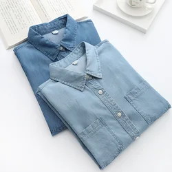 Women Thin Blouse Mercerized Denim Shirt Spring Summer Long Sleeve Lady Loose Tops