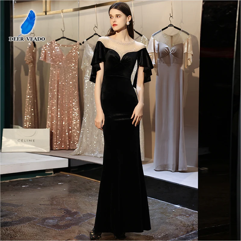 

DEERVEADO Women's Elegant Cap Sleeves Evening Party Dresses Long Velvet Formal Dress for Special Occasions Evening Gowns