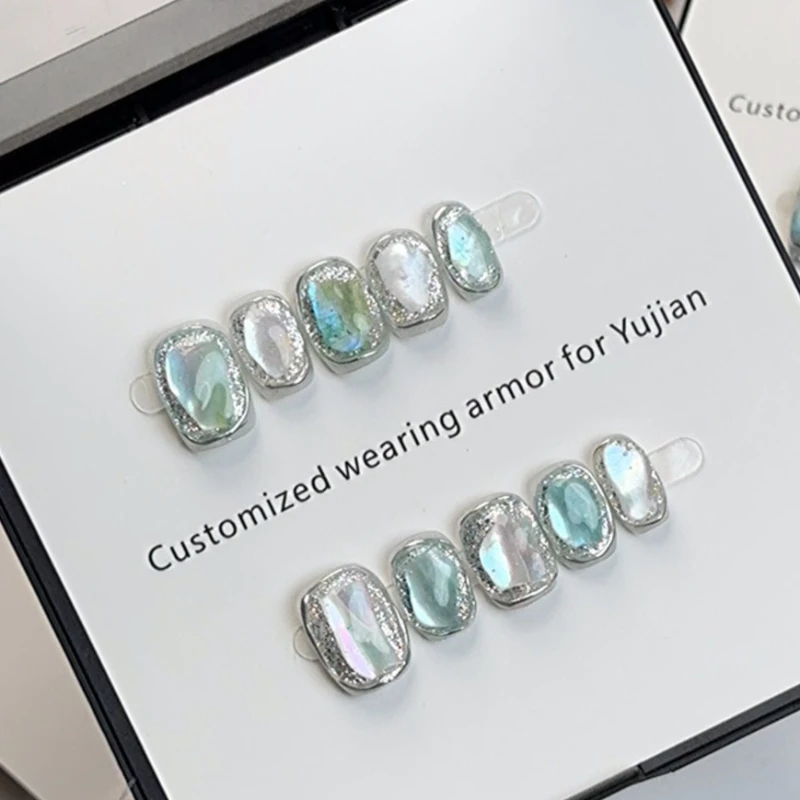 

10PCS Shiny Crystal Short Square Handmade Press on Nails Aurora Cat Eye Simple Design Fake Nails Acrylic Wearable Nail Manicure