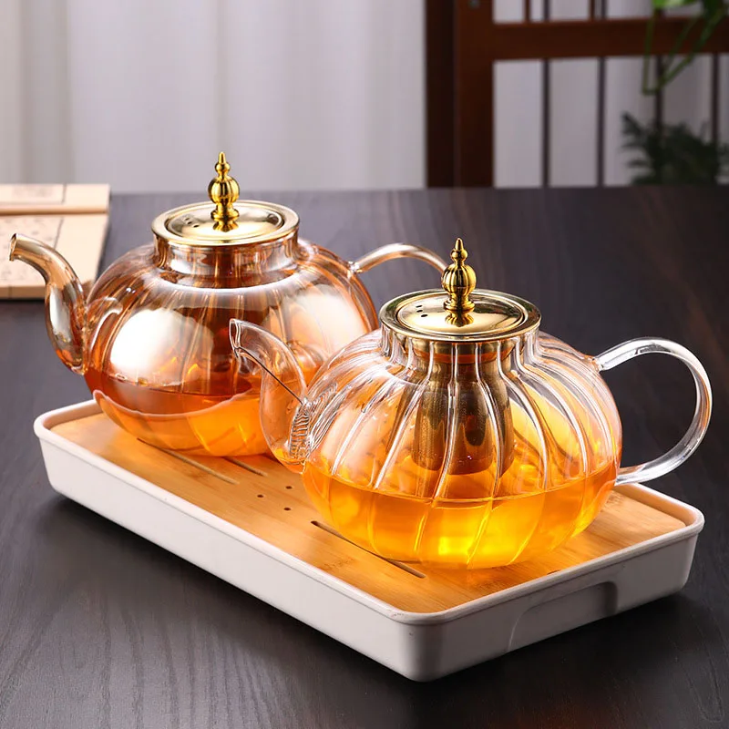 1250ML Glass Teapot Flower Tea Kettle Heat-Resistant Transparent Coffee Tea Pot with Filter Drinkware Glass Stripe Kungfu Teapot