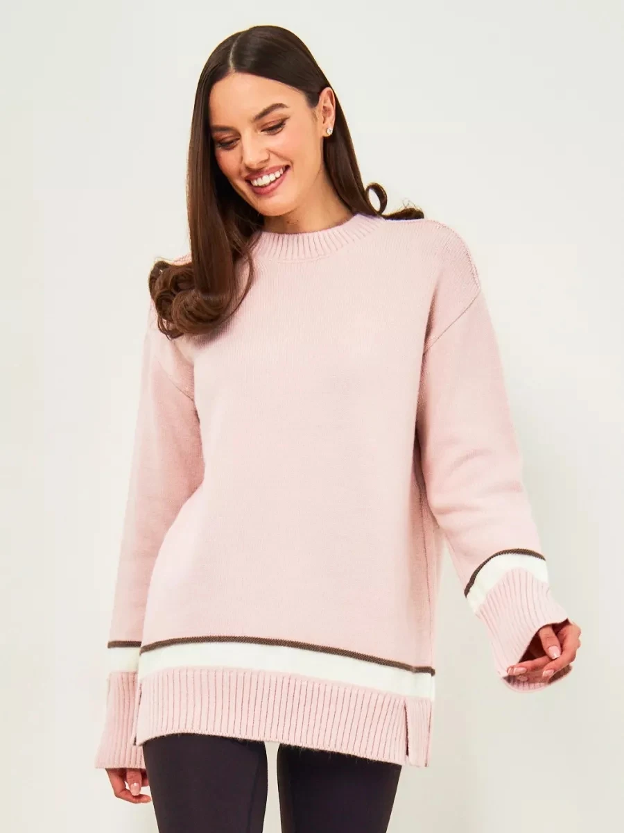 Women's Wool Fleece Oversized Knitted Casual Sweater Fall And Winter Fashion Elongated Sweater Long Sleeve Slit Cuffs Sweater