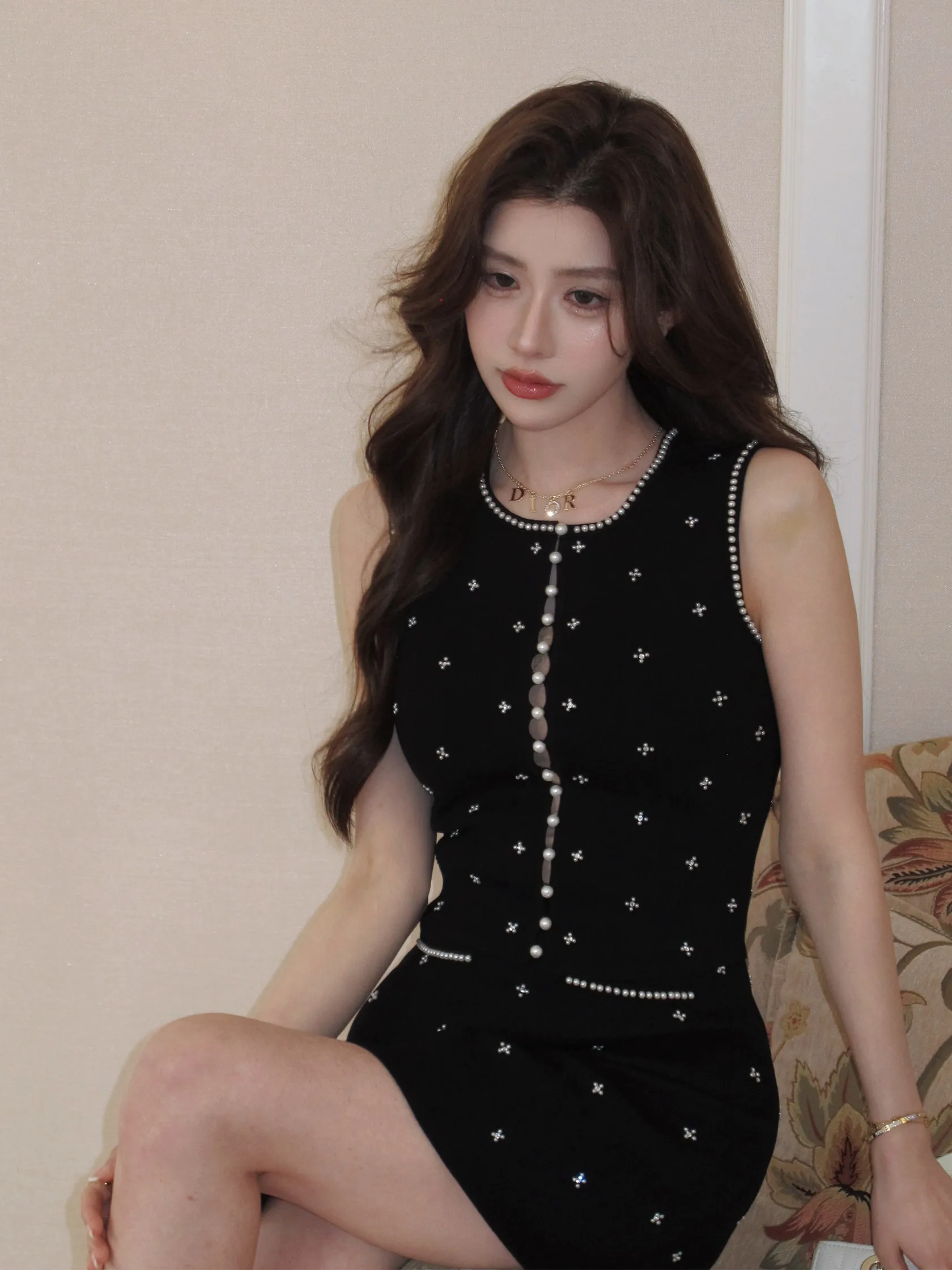 

Org Heavy Industry Black round Neck Pearl Flower Print Sleeveless Vest Skirt Dress Set Spring Summer Women's Fashion Ensemble