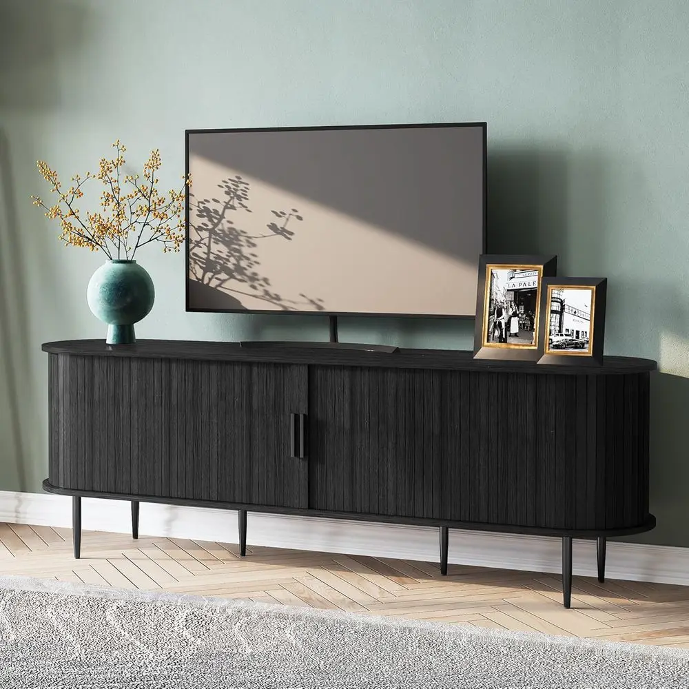 

80 TV Stand with Sliding Door, Entertainment Center for Storage, Ideal for Living Room, Black