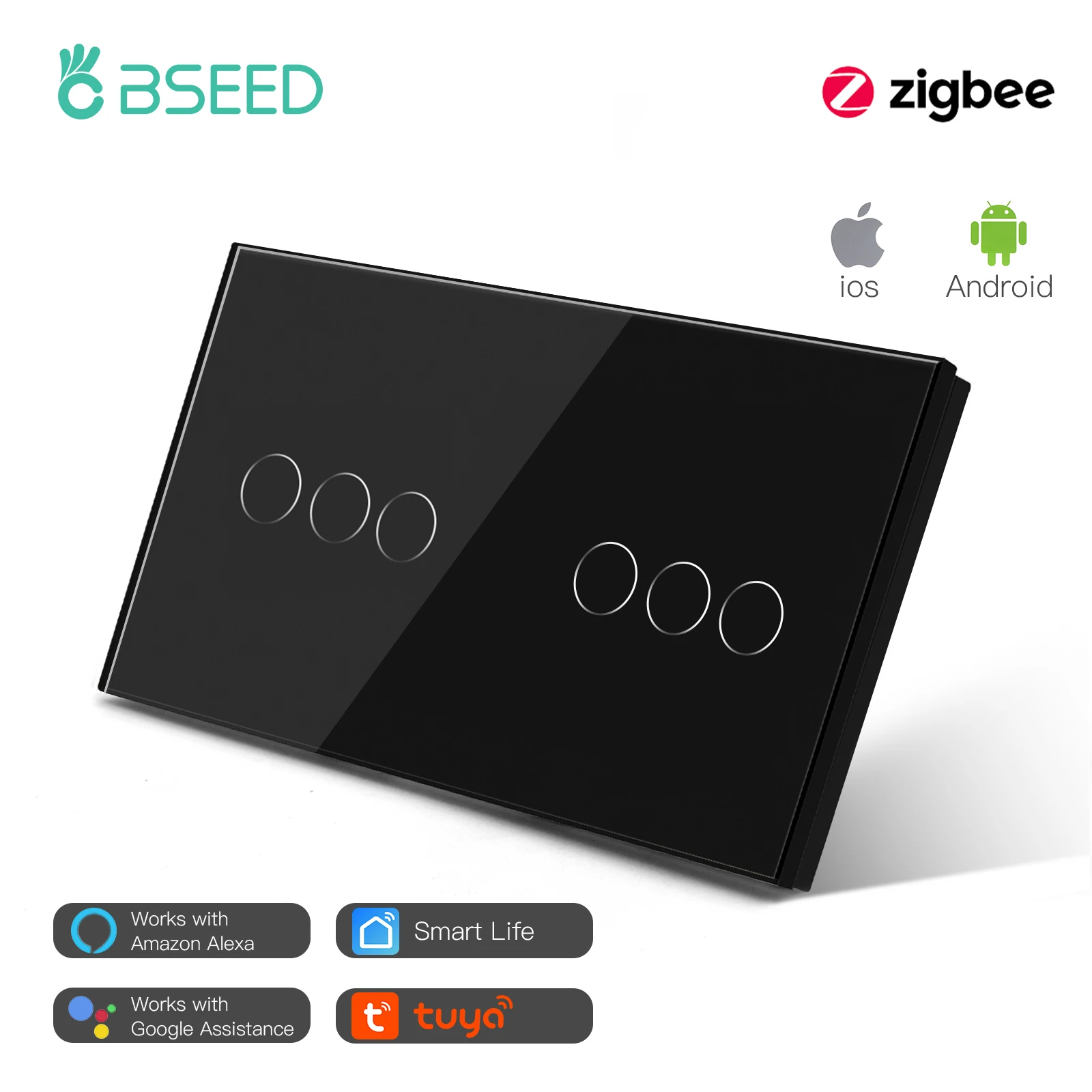 Bseed Zigbee 2/3/4/5/6Gang Smart Light Touch Schalter Single Live EU Standard Tuya Smart Leben Google Control Kristall Glas Panel