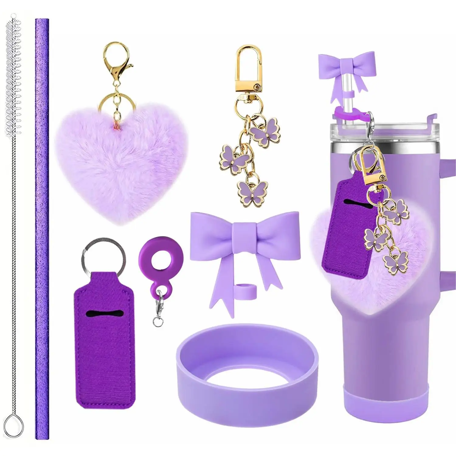 For Stanley Accessory Set with Silicone Sleeve Plush Heart Keychain Butterfly Pendant Bow Straw Topper for Beverage Insula