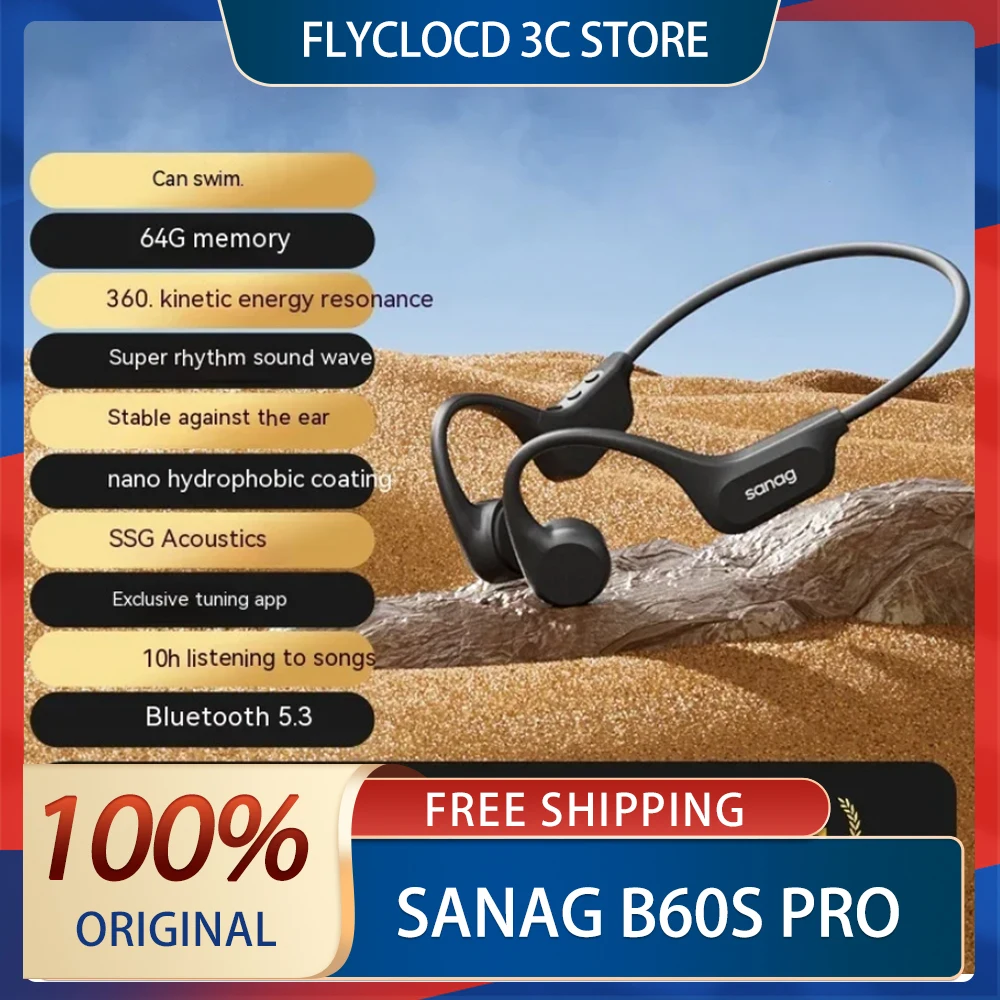 Sanag B60s Pro Bone Conduction Earphone Runbeat Wireless Bluetooth Headphones Swimming Custom Waterproof Black Tech Earphones