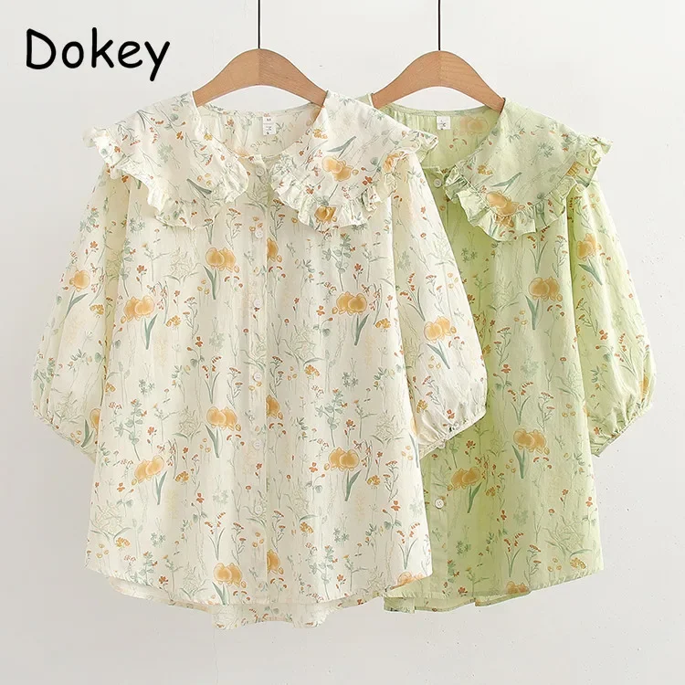 Vintage Peter Pan Collar Shirt for Women, Kawaii Flower Shirts, Casual Button Up, Short Sleeve, Lolita Blouses, Korean Loose Top