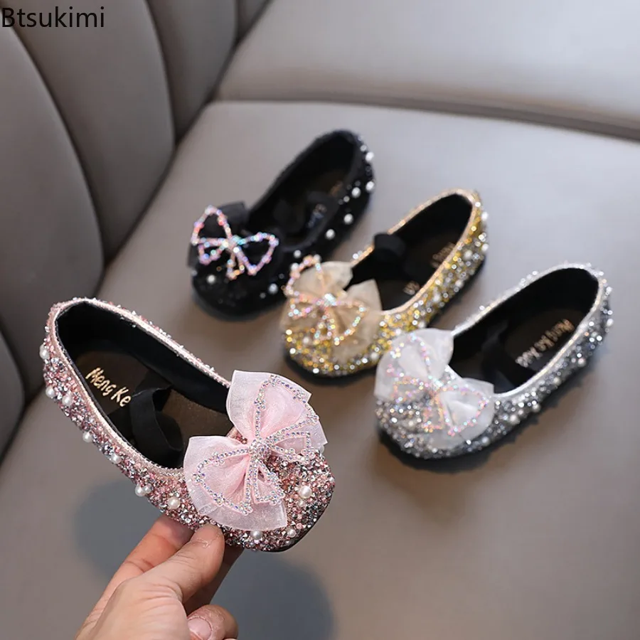 2026 Girls Fashion Princess Shoes Glitter Luxury Party Single Shoes 21-36 Elastic Band Fashion Lace Bowknot Kids Dance Shoes