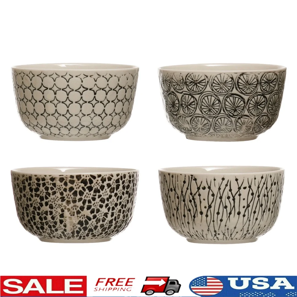 

Hand-Stamped Stoneware Bowl Set Embossed Pattern Artistic Dish Modern Table Decor Casual Dining Entertaining 4 Styles