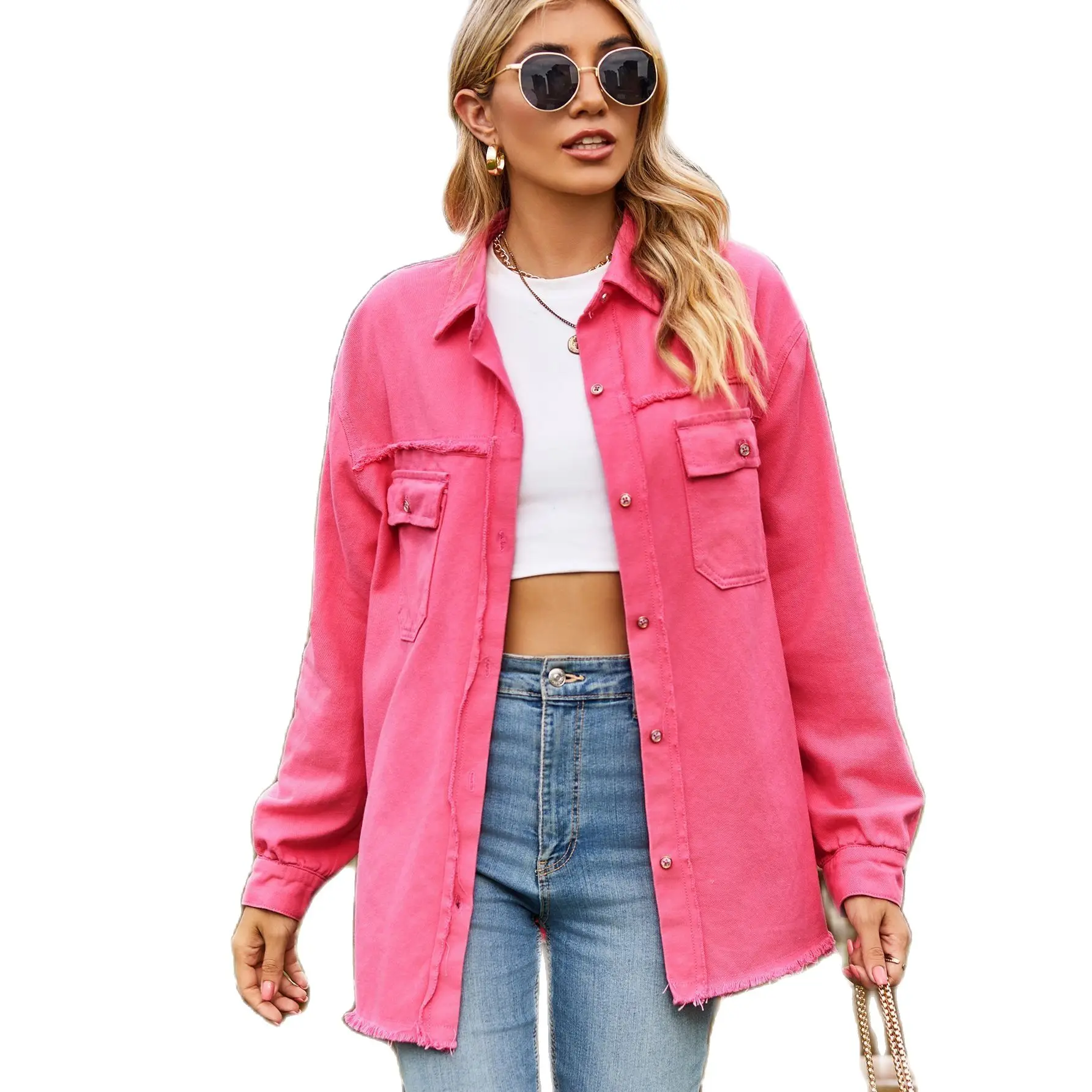 2023 Fall Women's Clothing Fashion Long Sleeve Raw Edge Denim Shirt Casual Loose Mid Length Jeans Coat S-XL Drop Shipping