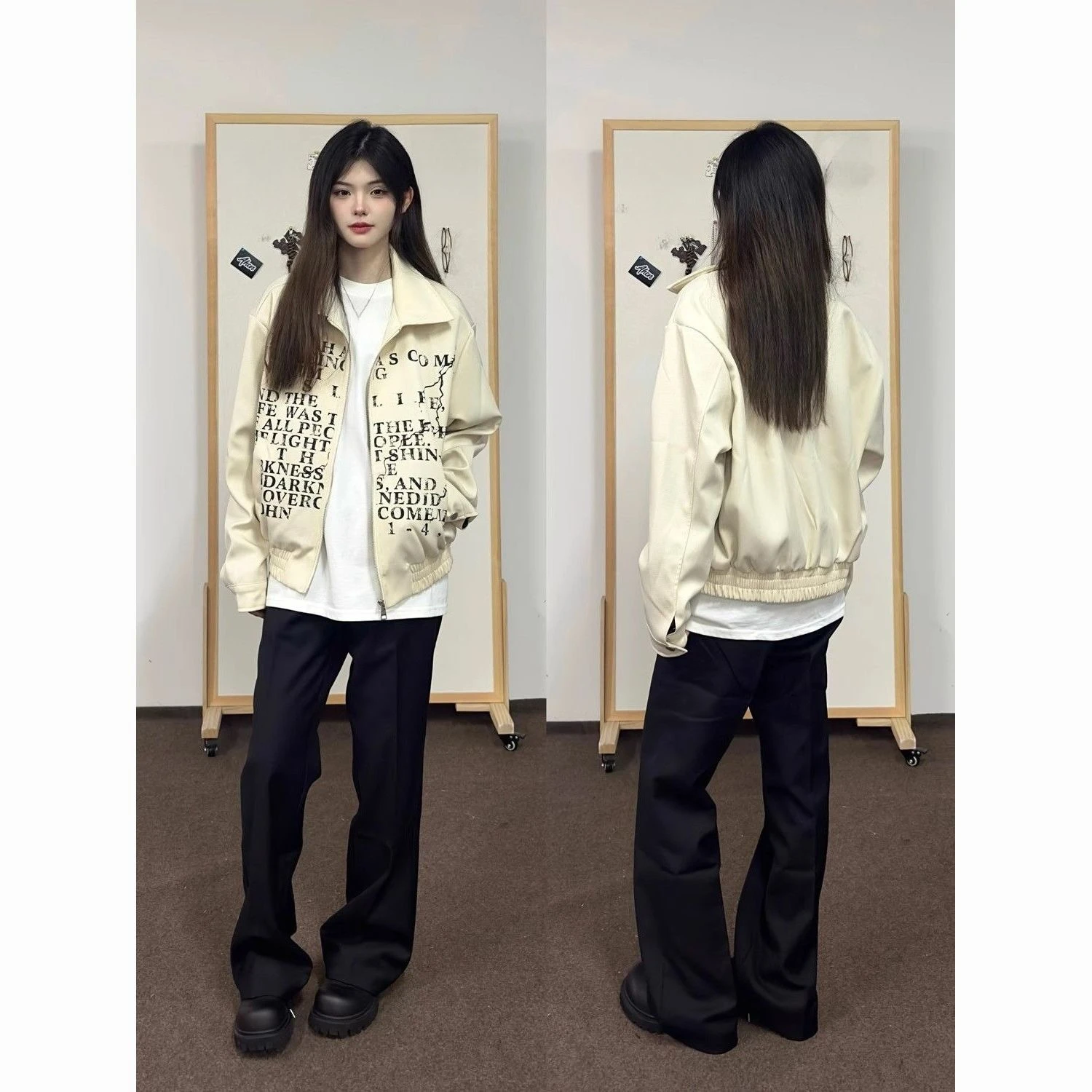 سترة بقلنسوة ذات ثقافة فرعية أمريكية كلاسيكية بأكمام طويلة للسيدات غير رسمية Y2k Harajuku مطبوعة بحروف يابانية معطف بسحاب ملابس خروج للخريف #4