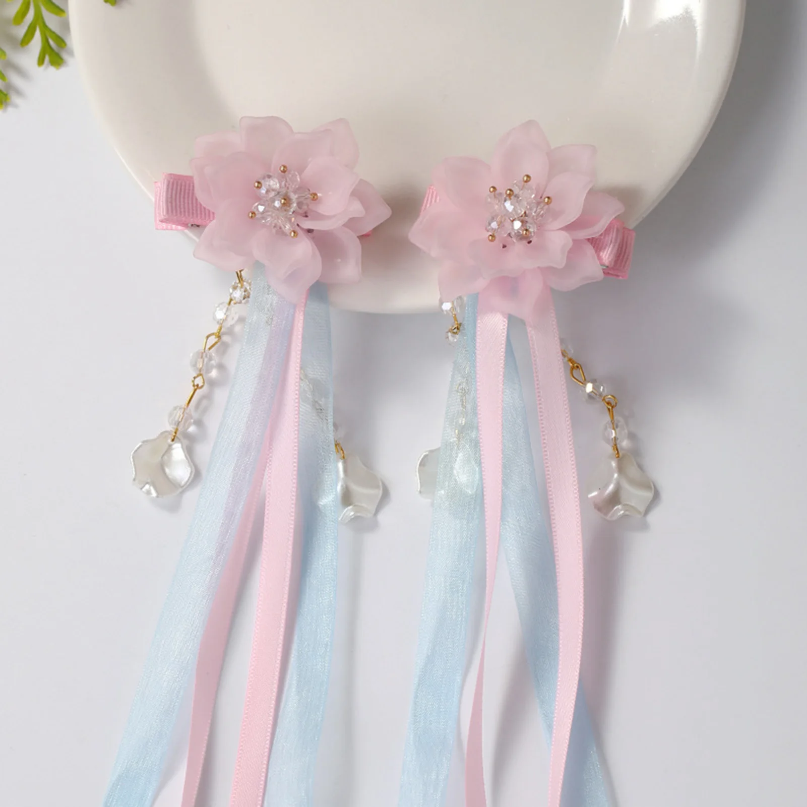 Girls Pink Hair Accessories Blue Ribbon Long Tassel Hairpins Crystal Beads Peals Flower Hair Clips Retro Chinese Hair Jewelry