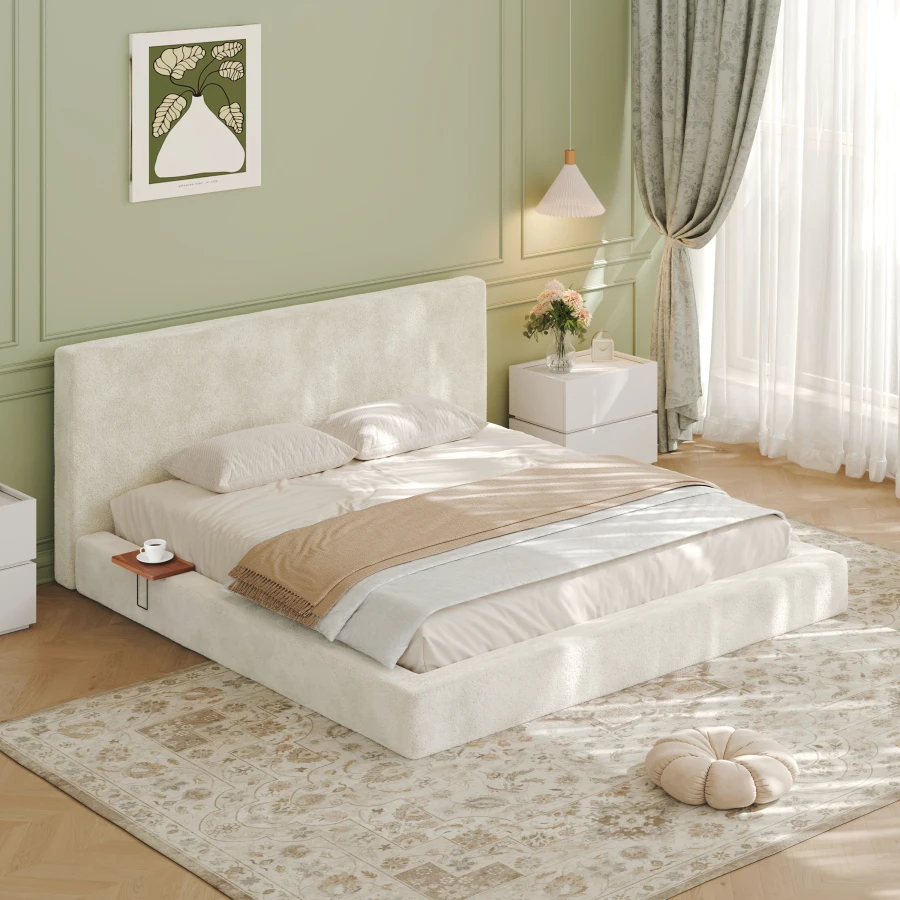 AirFrame King Bed Frame with Adjustable Sliding Side Table, 8.7'' Cloud Upholstered Sponge Cushion, Easy Assembly Off-White .Co