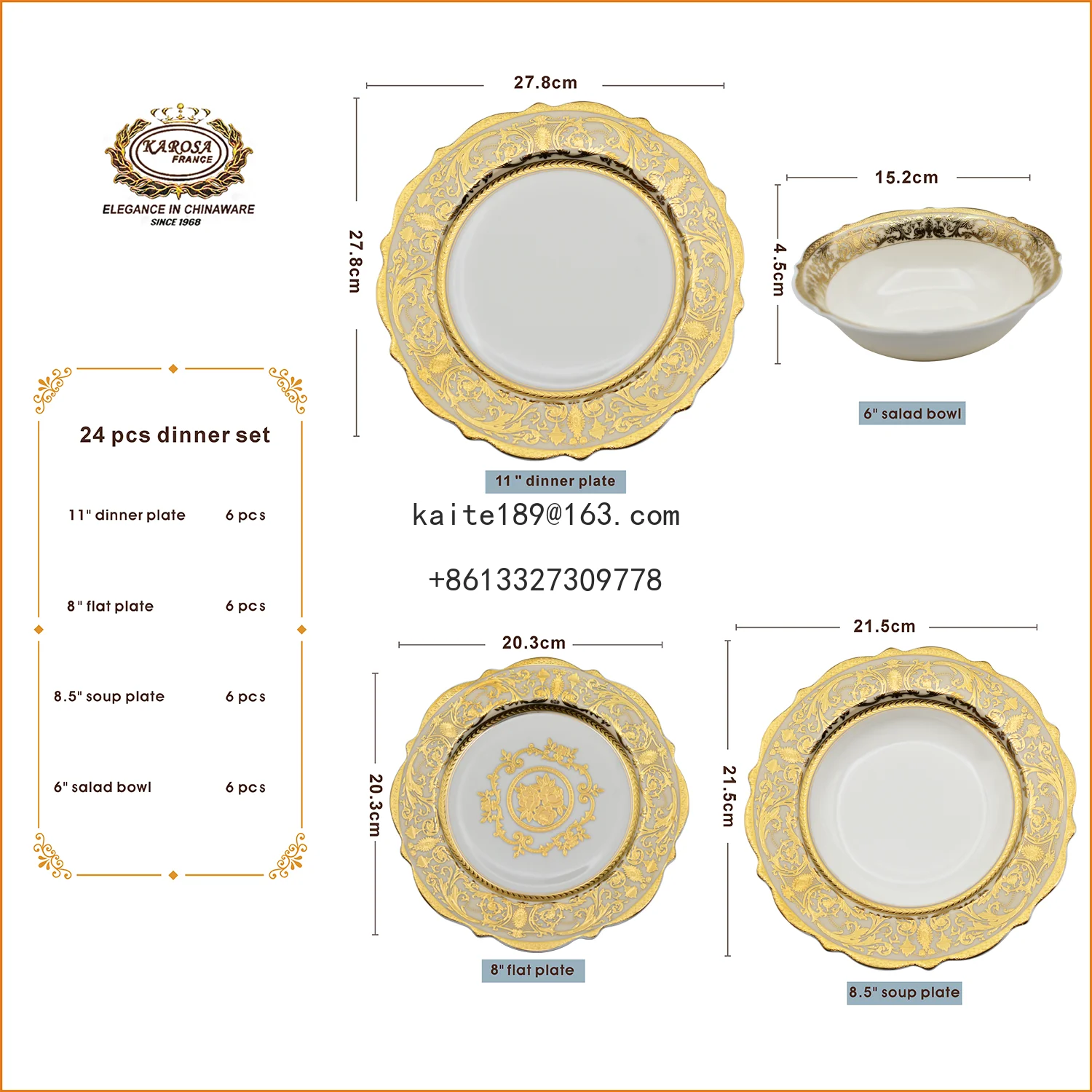 24pcs Embossed Gold Porcelain Tableware Set Luxury Style Bone China Dinner Sets