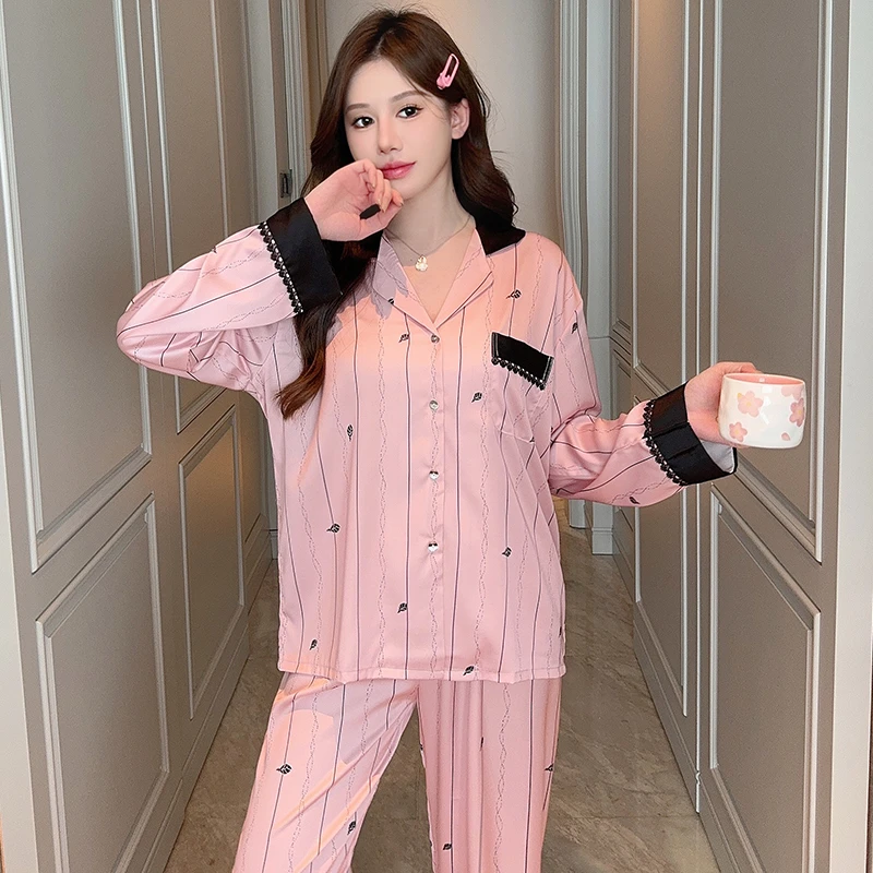 Spring and Summer New High-end Ice and Snow Silk Lapel Sweet Pajamas Silk Comfortable Casual Loose Suit Pajamas Home Clothes