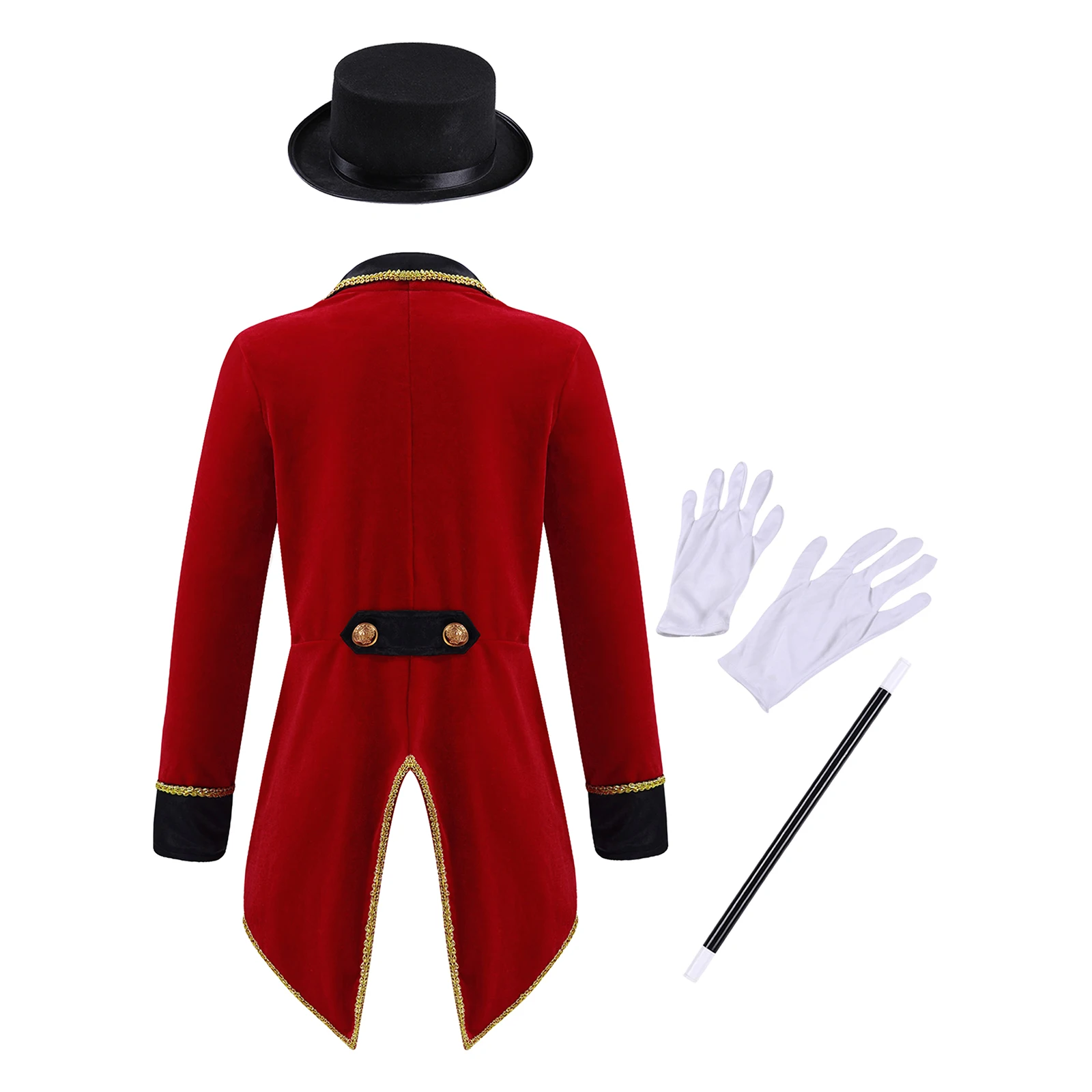 Bambini ragazzi ragazze Circus Ringmaster Showman mago Costume Halloween cappotto posteriore giacca con cappello guanti abiti per la festa di fantasia