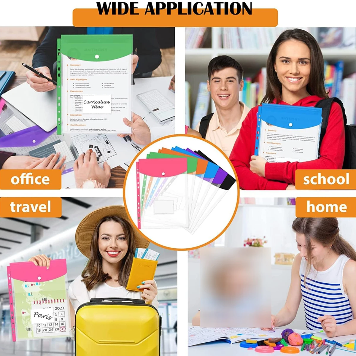 12-Piece File Holder, Binder Dividers with Snaps, Fits 2/3/4/11 Binders, 6 Colors