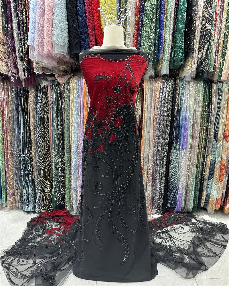 

Velvet African Lace Fabric 2025 Sequins Beads Embroidery Groom Nigerian Bridal High Quality French Tulle Lace Fabric For Wedding