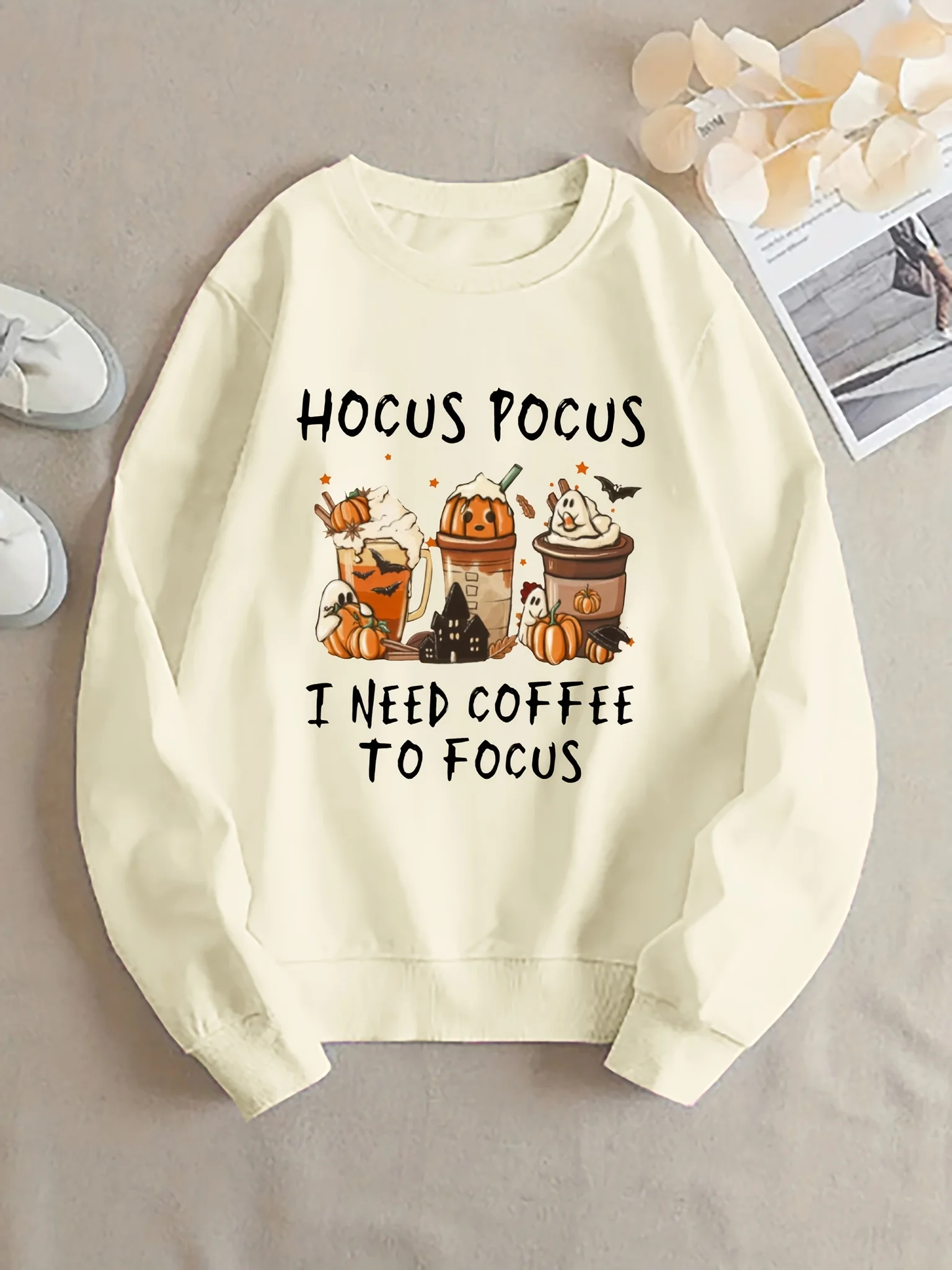 

Casual Crew Neck Sweatshirt - "Hocus Pocus I Need Coffee To Focus" Halloween Coffee & Pumpkin Graphic, Long Sleeve Sweater