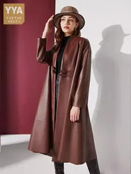 Gabardina cortavientos de piel de oveja auténtica para mujer, abrigo holgado con hebilla, cuello en V, Chaqueta larga de cuero genuino para oficina, elegante, otoño