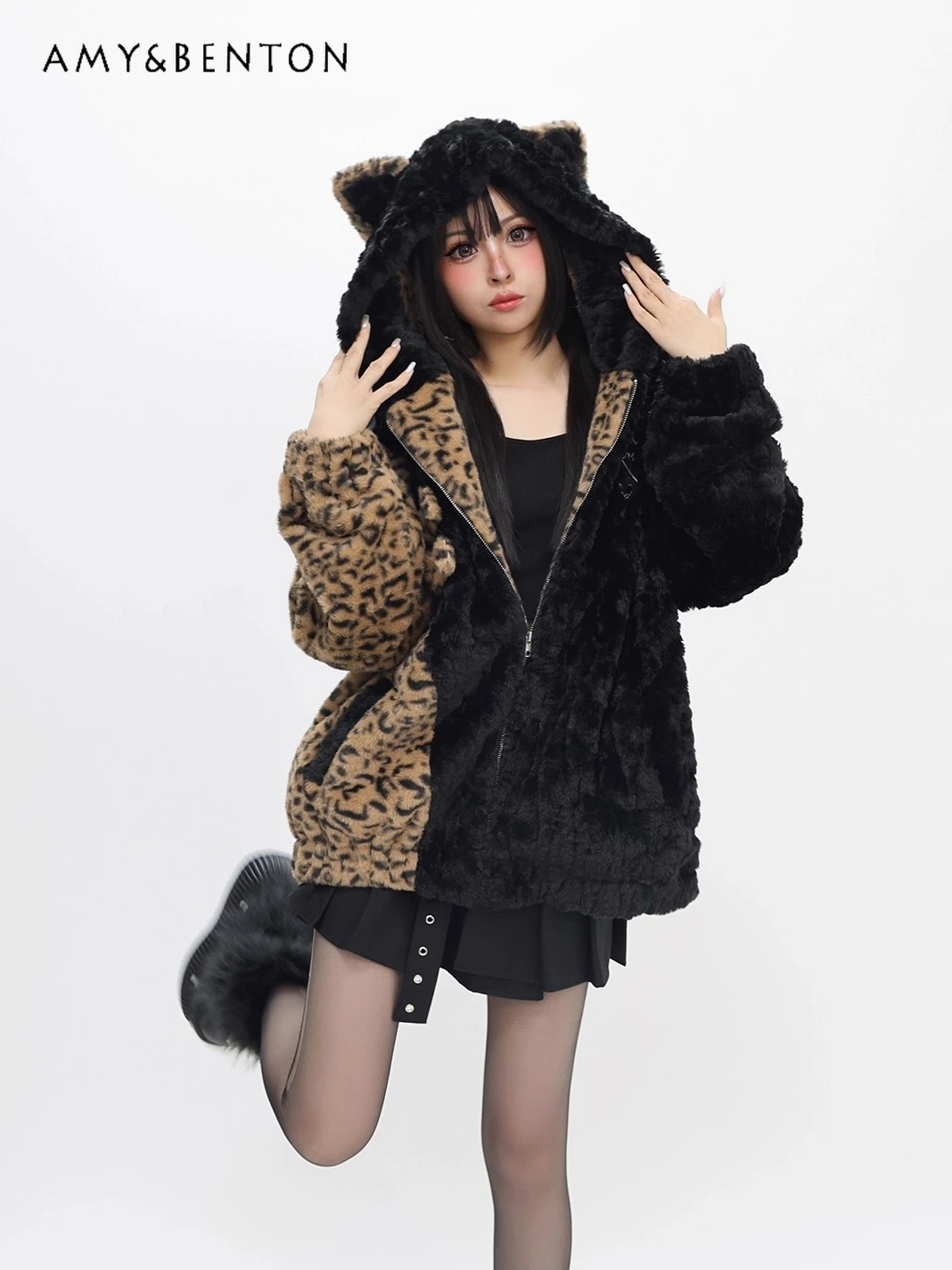

Original Sweet Cool Faux Rabbit Fur Leopard Print Hooded Warm Plush Coat Soft Winter Subculture Gothic Patchwork Thick Coats