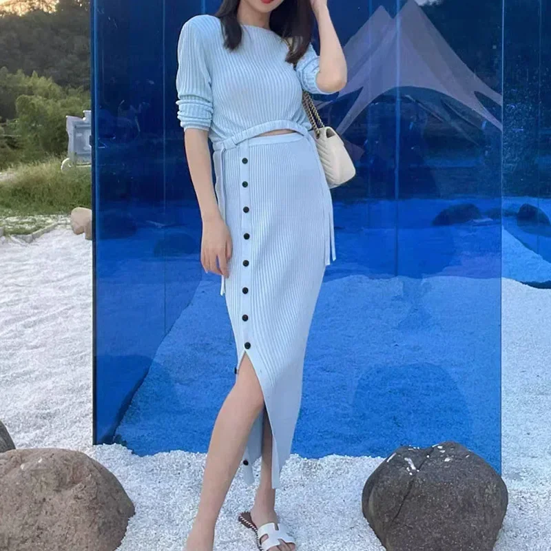 

Elegant Lady Solid Knit Long Sleeve Dress Casual Hollow Out Waist Slim Dresses Spring 2023 Vintage Side Split Vestidos for Women