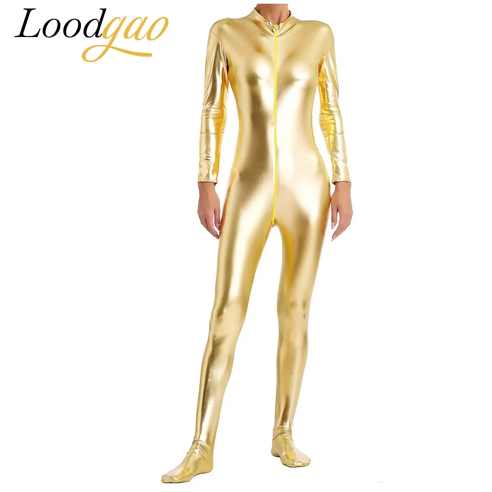 

Women's Jumpsuits Metallic Zipper Full Body Unitard Shiny Jumpsuit Clubwear Mock Neck Long Sleeve Tights Performance Costumes