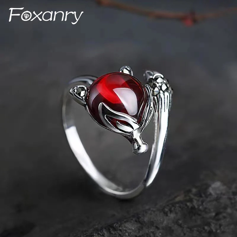 Foxanry Garnet Fox Geometric Rings For Women Girls Vintage Ethnic Creative Elegant Cute Birthday Party Jewelry Accessories Gifts